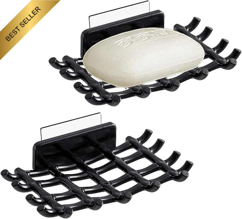 2Pcs Wall Mounted Soap Dish Holder with Hooks for Shower, No Drilling,Self Adhes