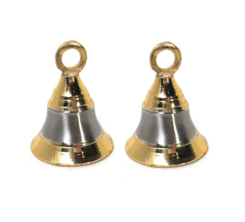 Set of 2 Brass Chrome-Plated Bells Two-Tone Design 2"H for Hanging, Stringing