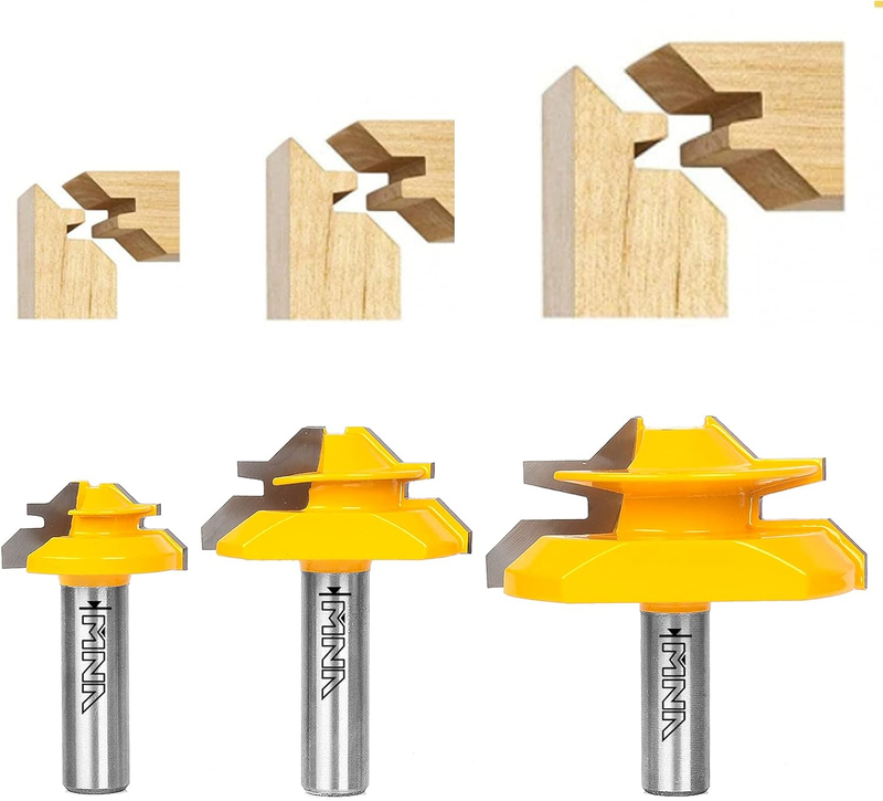 45 Degree Lock Miter Router Bit 3-Piece Set, for 1/2”, 3/4”, 1” Cutting Height,