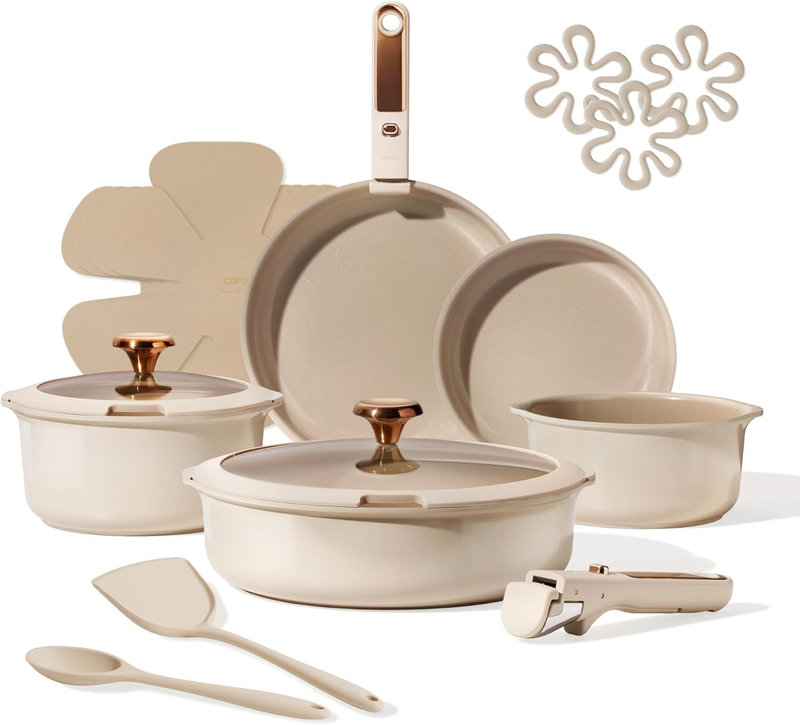 18Pcs Ceramic Cookware Set with Detachable Handle, Pots and Pans Set Non Stick, Non Toxic Cookware Set Removable Handles, Induction Kitchen Cookware Sets, Dishwasher/Oven Safe