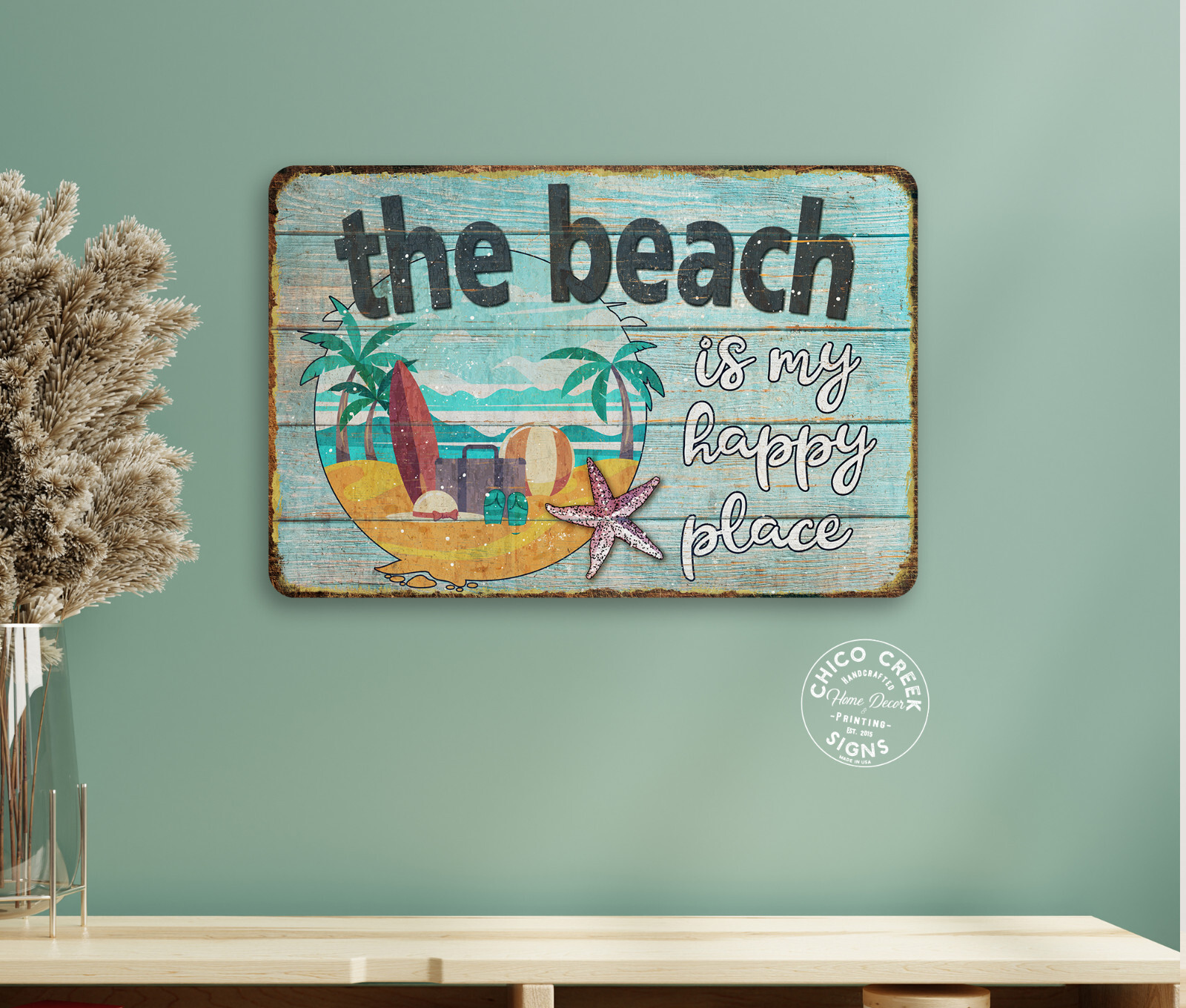The Beach Is My Happy Place Sign Ocean Home Decor Beach House Waves 108122001048