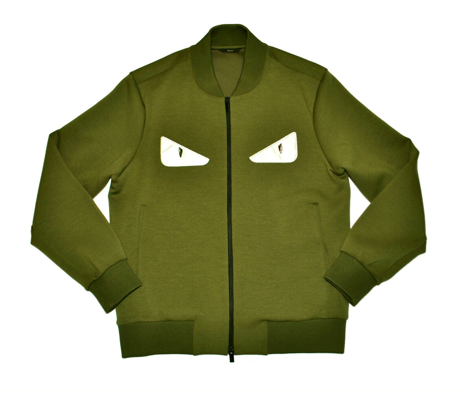 FENDI Monster Eye Bomber Jacket 46 Small Olive Green Rayon Bag Bugs Authentic