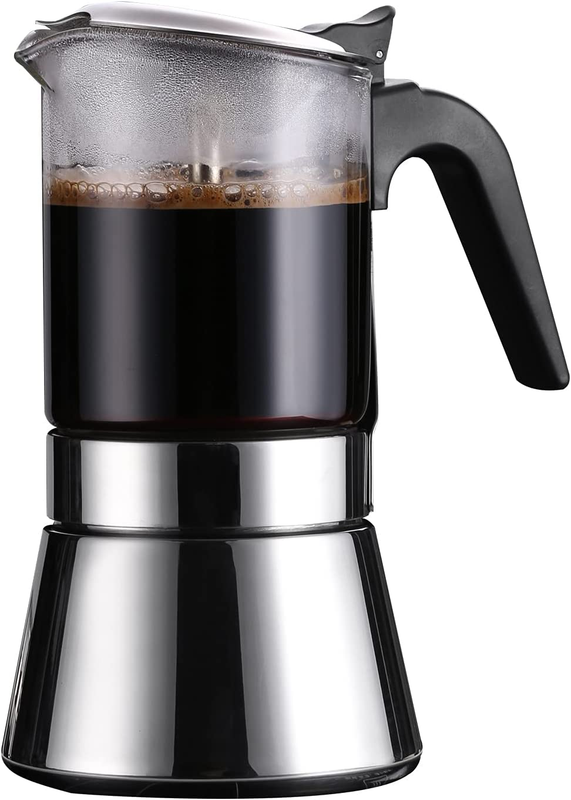 INDUCTION MOKA POT Glass Stainless Steel Stovetop Espresso Maker 160Ml SIXAQUAE
