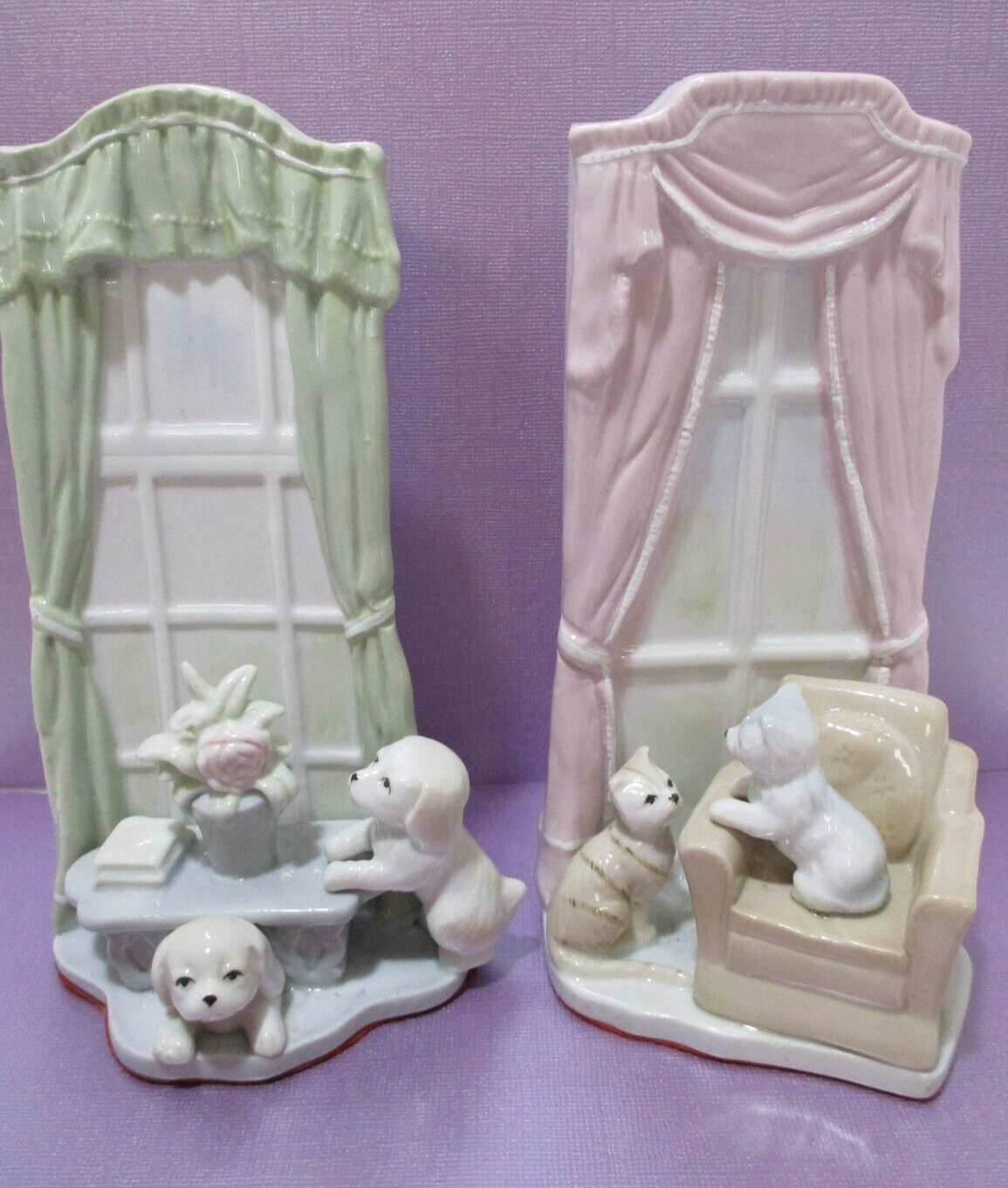 Vintage Bookends Puppies and Kittens Cottage Farmhouse Nursery Taiwan Ceramic
