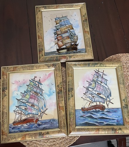 絵画 painting Vintage Reverse Painted glass framed art, Set Of 3 Sailboats