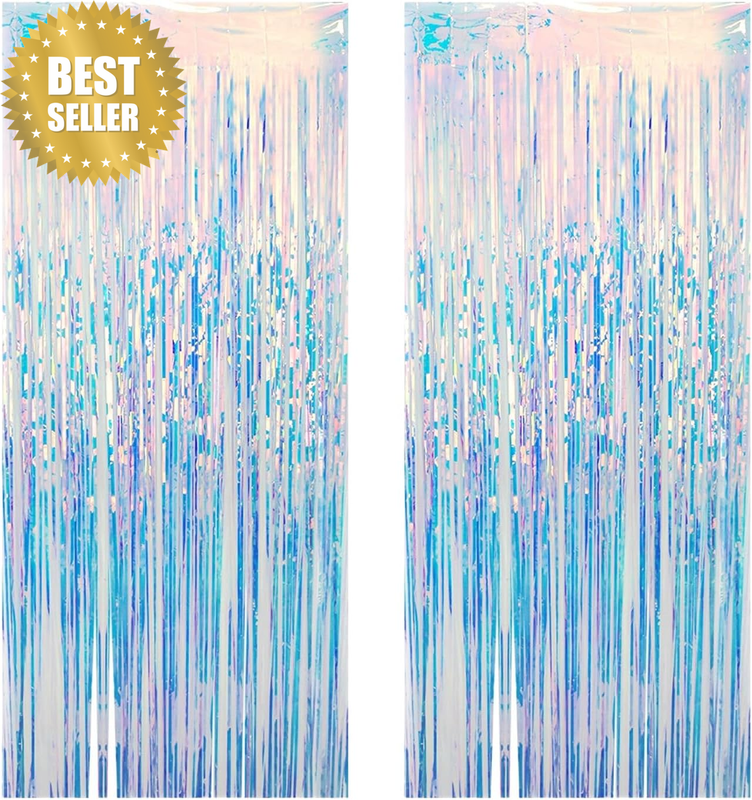 2 Pack Iridescent Tinsel Fringe Curtains Foil Backdrop Party Decoration