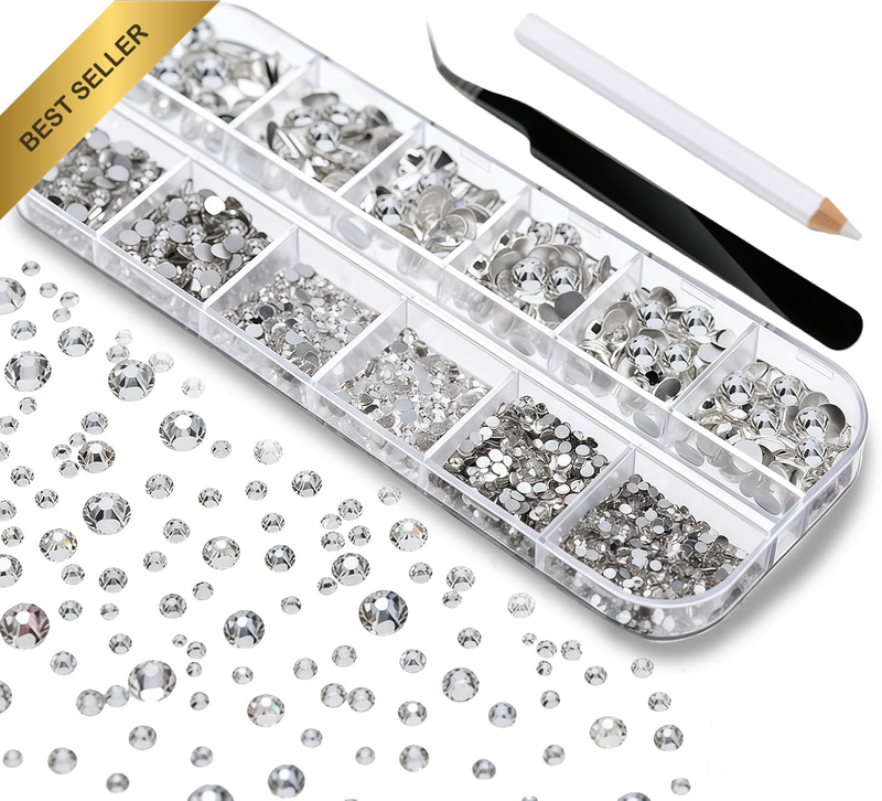 Bedazzling Kit - 2000 Pieces Flat Back round Nail Rhinestones with 6 Sizes (1.5-