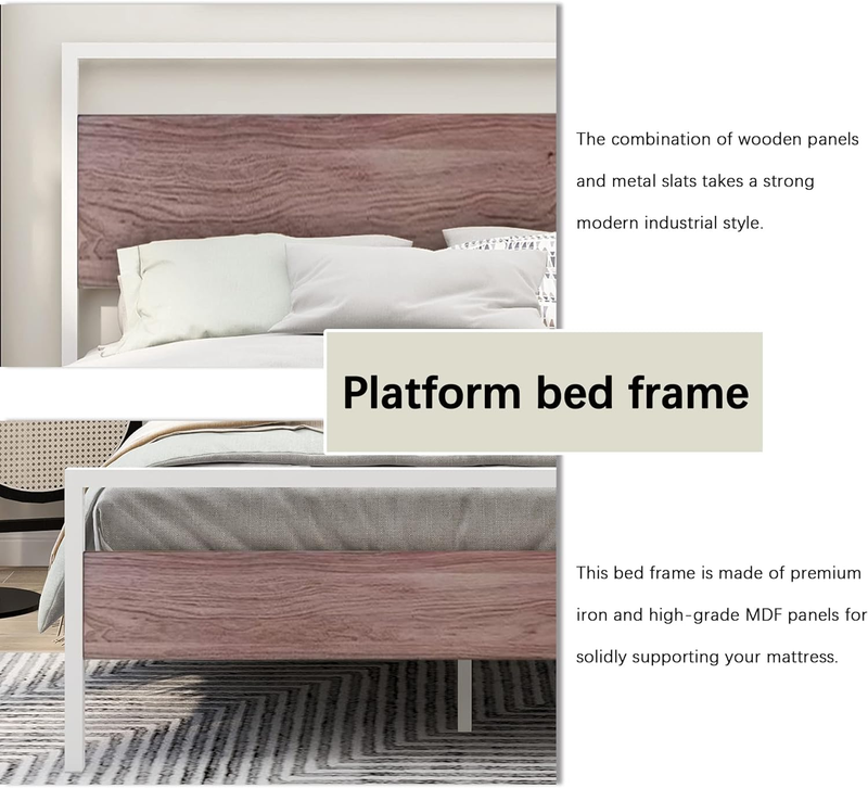 Modern Industrial Queen Size Bed Frame Metal Platform with Rustic Wooden Headboa