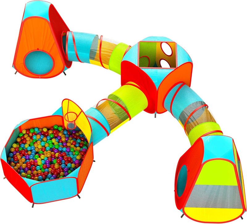 7Pc Kids Play Tent with 1 Big Ball Pit for Babies, 3 Play Tunnel for Toddlers, and 3 Pop up Tents Playhouse Bundle, Best Birthday Gift for Boys & Girls, Indoor & Outdoor Use Portable Play Center