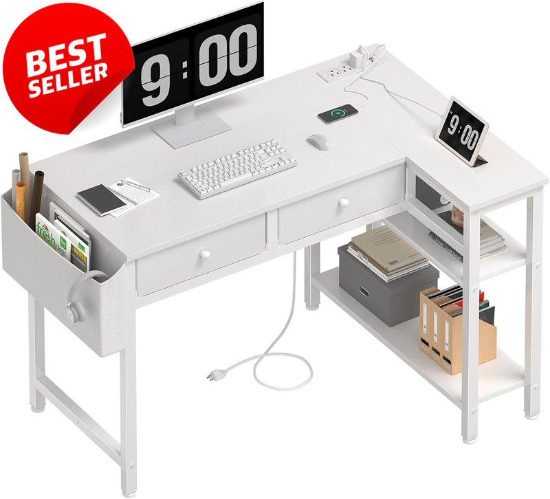 Small L Shaped Desk 40 Inch Corner Desk Drawers Shelves Power Outlet White - US