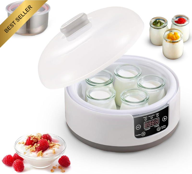 Automatic Yoghurt Maker with 5 Glass Jars Temp Time Control Rice Wine Natto