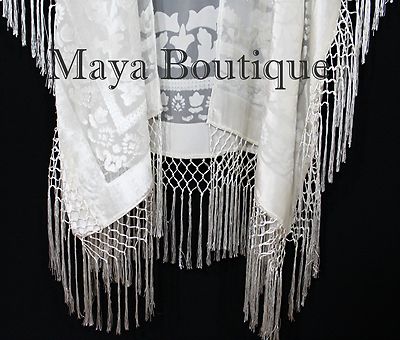 Pre-owned Maya Matazaro Ivory Kaftan Duster Fringe Jacket Kimono Opera Coat Burnout Velvet  In White