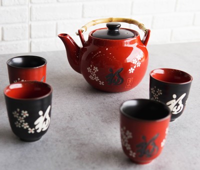 Sakura White Japanese Cherry Blossoms Porcelain Red Tea Pot 42oz And 4 Cups Set