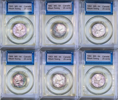 1943, 1944, 1949, 1952, 1953, 1962 Canada 25 Cents Album Toned ICCS CCCS