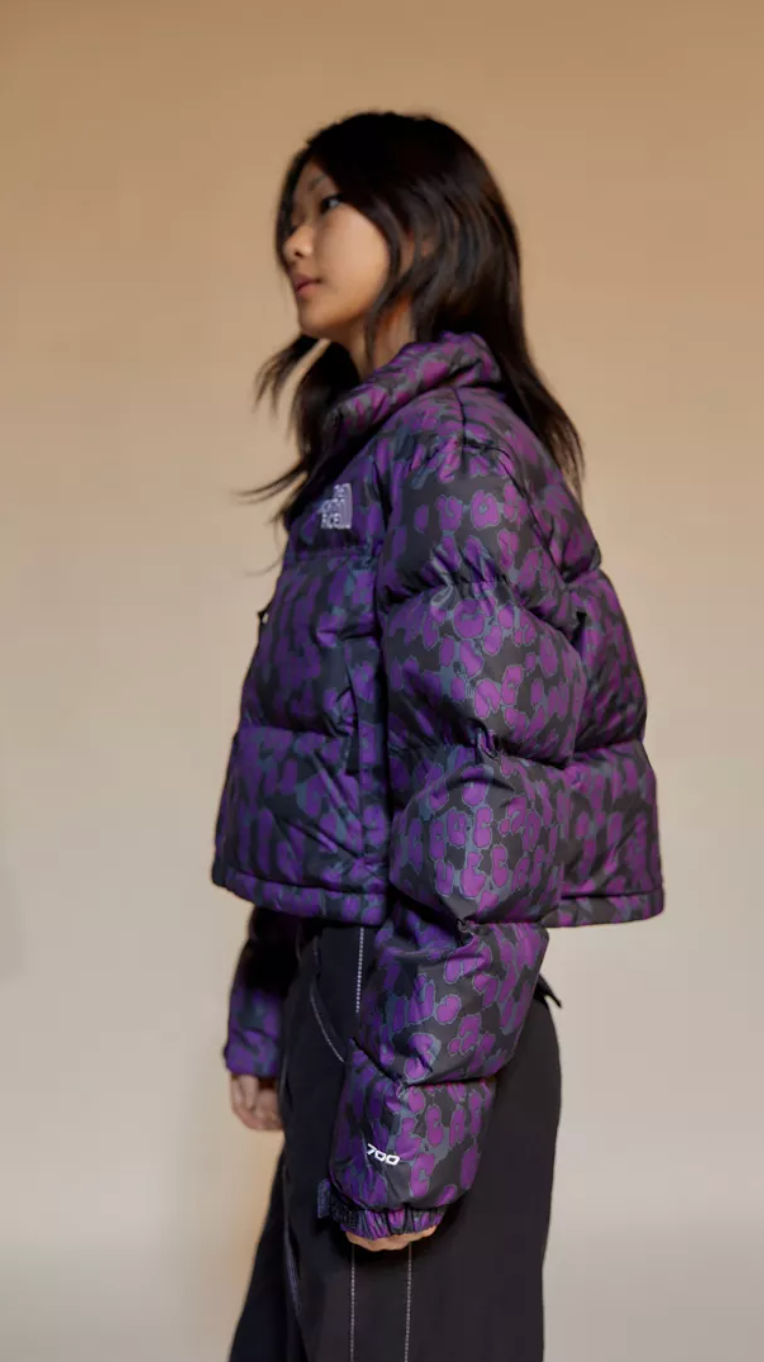 Pre-owned The North Face Short Nuptse Printed Jacket Purple/black Size M, L, Xl