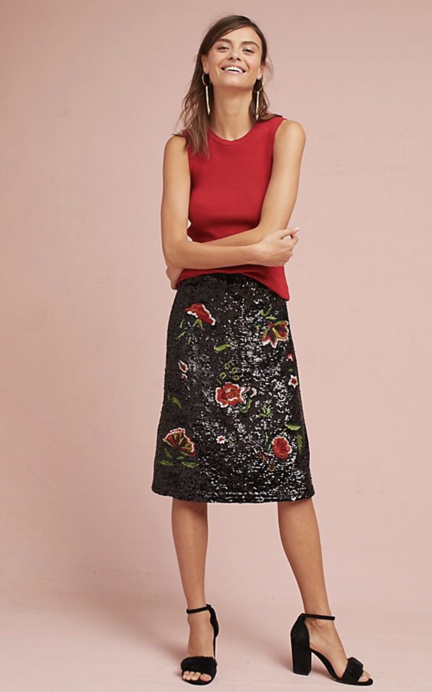 

Anthropologie Garden Glitz Юбка с цветочной вышивкой и пайетками Черный Красный  NWT, Black * multi red floral print