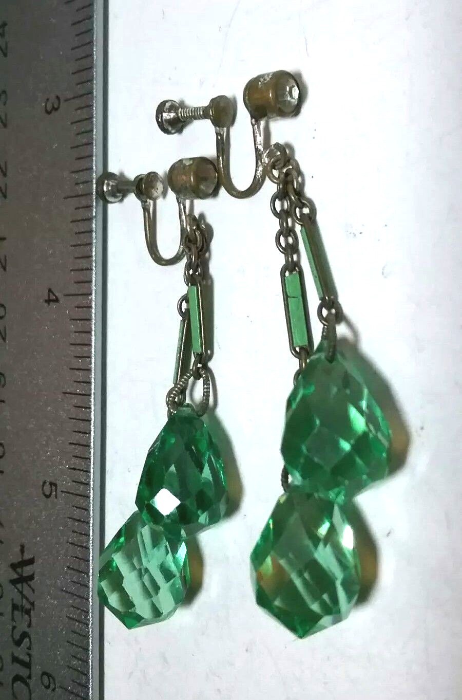 ANTIQUE ART DECO DROP ENAMEL GREEN CRYSTAL CHANDELIER CZECH EARRINGS