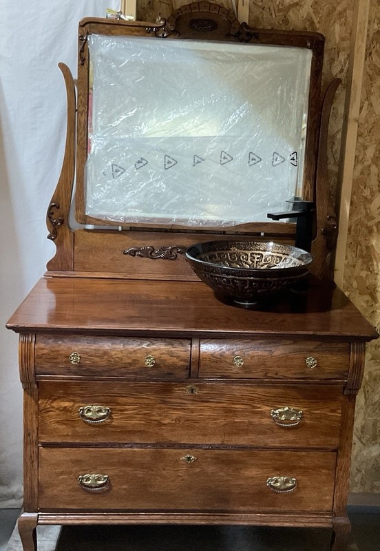 Victorian Tiger Dresser Remade Into Bathroom Vanity With Brown Sink