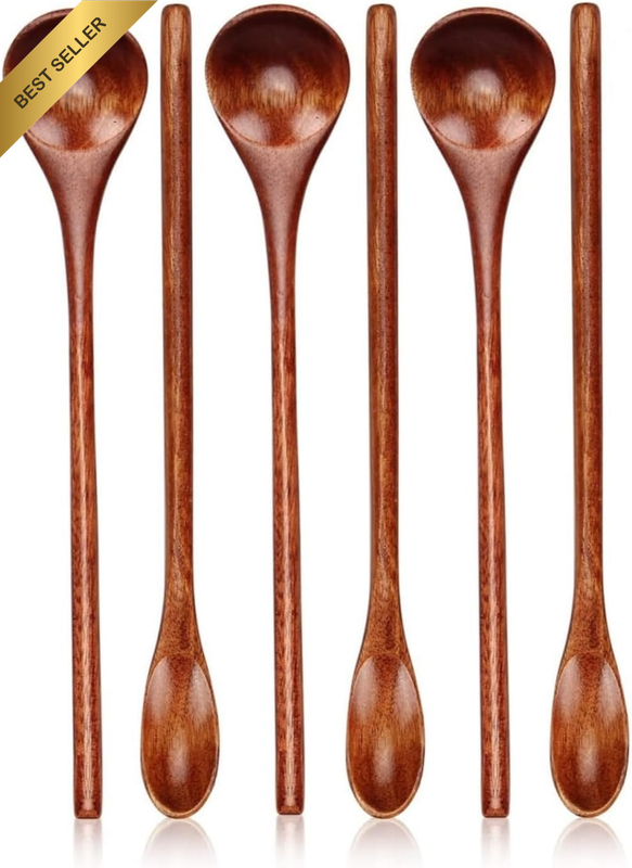 6Pcs Wooden Long Handle Spoons - Mixing, Tea, Tasting, Honey, Espresso, Dessert