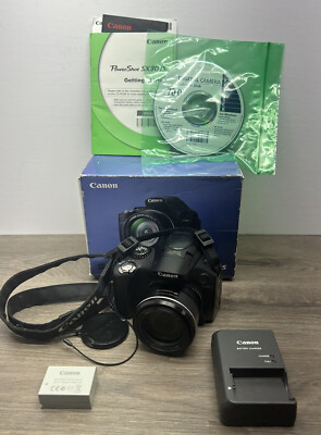 Canon PowerShot SX30 IS 35X Zoom 14.1MP Digital Camera Charger Battery & Box