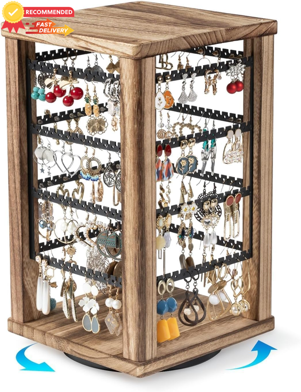 60 Slot Earring Organizer, Rustic Wood 4-Tier Rotating Stand for Studs, Hoops