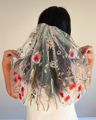 3d flower black veil, Embroidered bloom flower veil, Floral gothic wedding veil