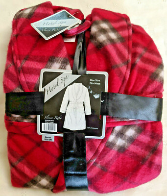 New! Hotel Spa Collection Bath ROBE Fleece Red/Black/White Plaid Print OSFM