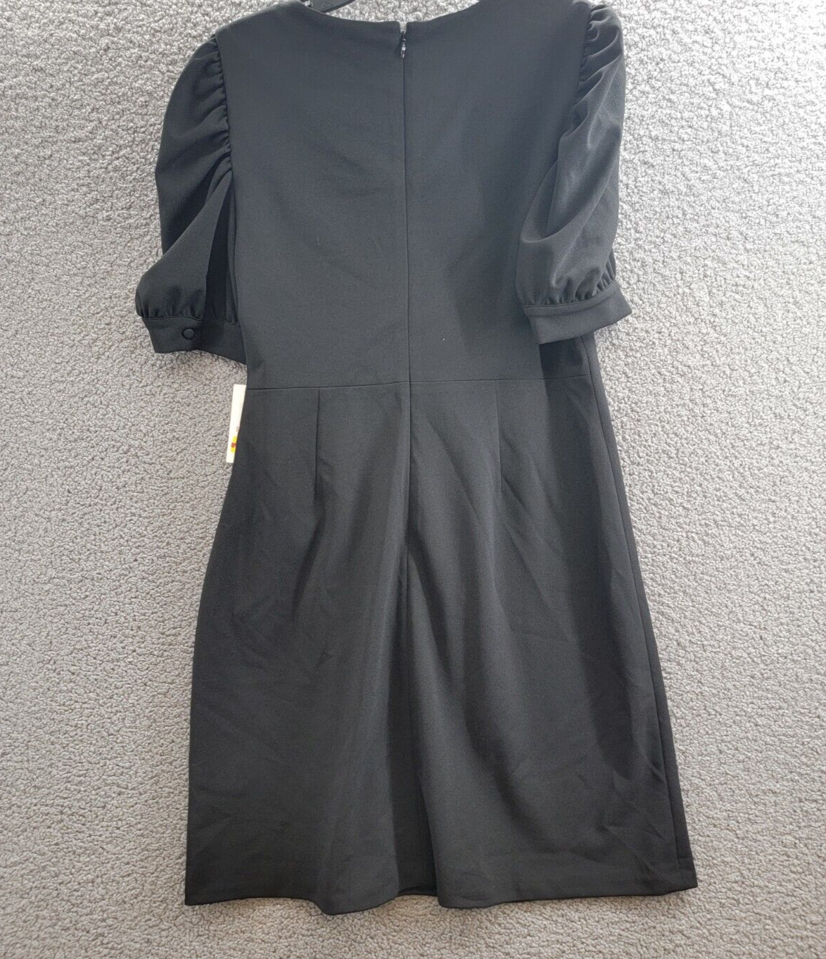 DKNY Puff-Sleeve Ruched Dress Women's 12 Black Round Neck Back Zip Closure S/S - Picture 12 of 20