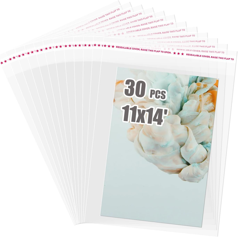 Self Sealing Cellophane Bags 30 PCS, Crystal Sealed Clear Bags for 11X14 Art Pri