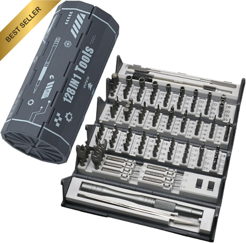 128-In-1 Precision Screwdriver Set with Magnetic Bits, Silver S2 Steel Tools and