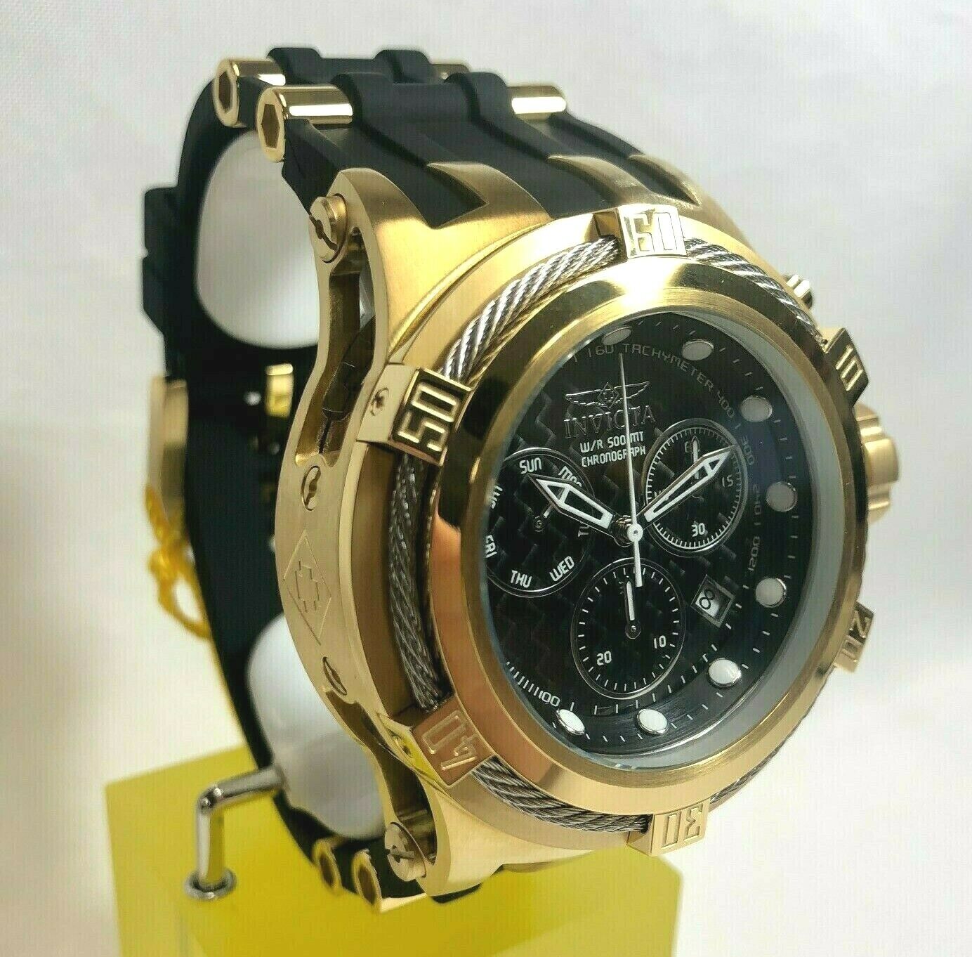 Pre-owned Invicta 22447 52mm Gold/silver Bolt Hybrid Carbon Fiber Dial Black Strap Watch