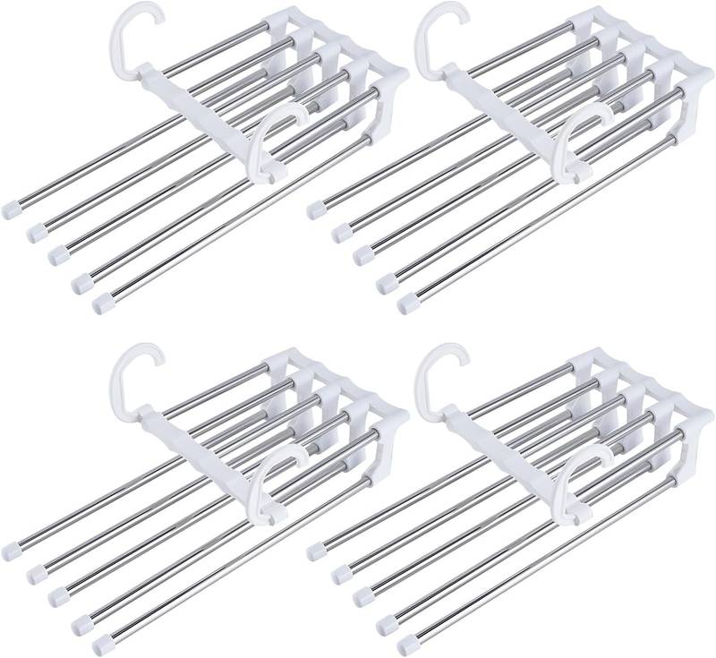 4 Pack 5 in 1 Pants Hangers,Pants Rack Adjustable,Non-Slip, Space Saving Hangers