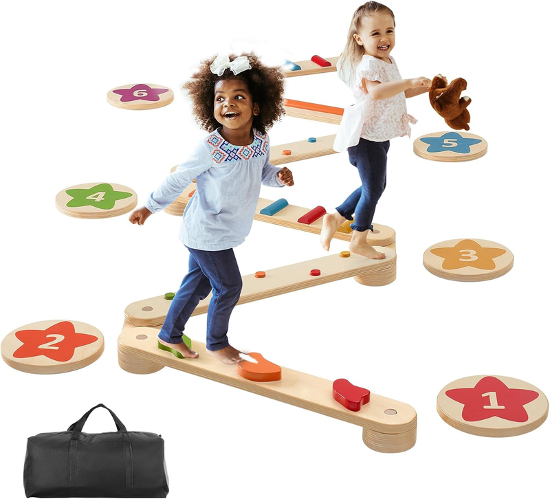 Balance Beam Stepping Stones, 6 PCS Wooden Toddler Balance Boards, Montessori Toy for Kids 3-6, Build Coordination and Gross Motor Skills Gymnastics Obstacle Course Indoor Outdoor for Girls Boys