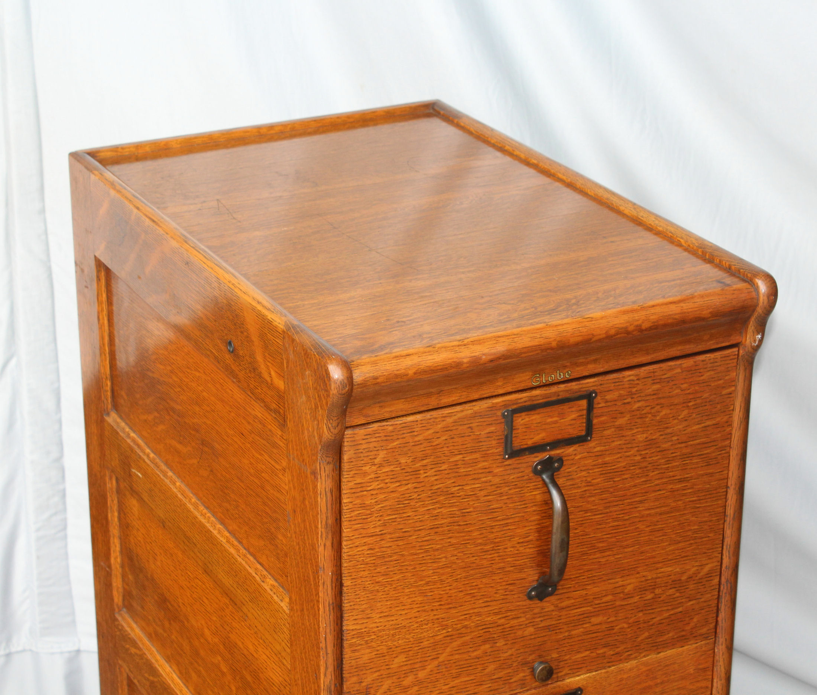 Antique Oak Four Drawer Globe Filing File Cabinet – original finish