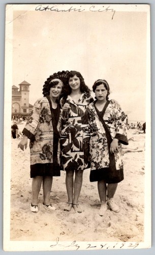 Vtg B&W Snapshot Three Women Beach Robes Atlantic City July 28 1929