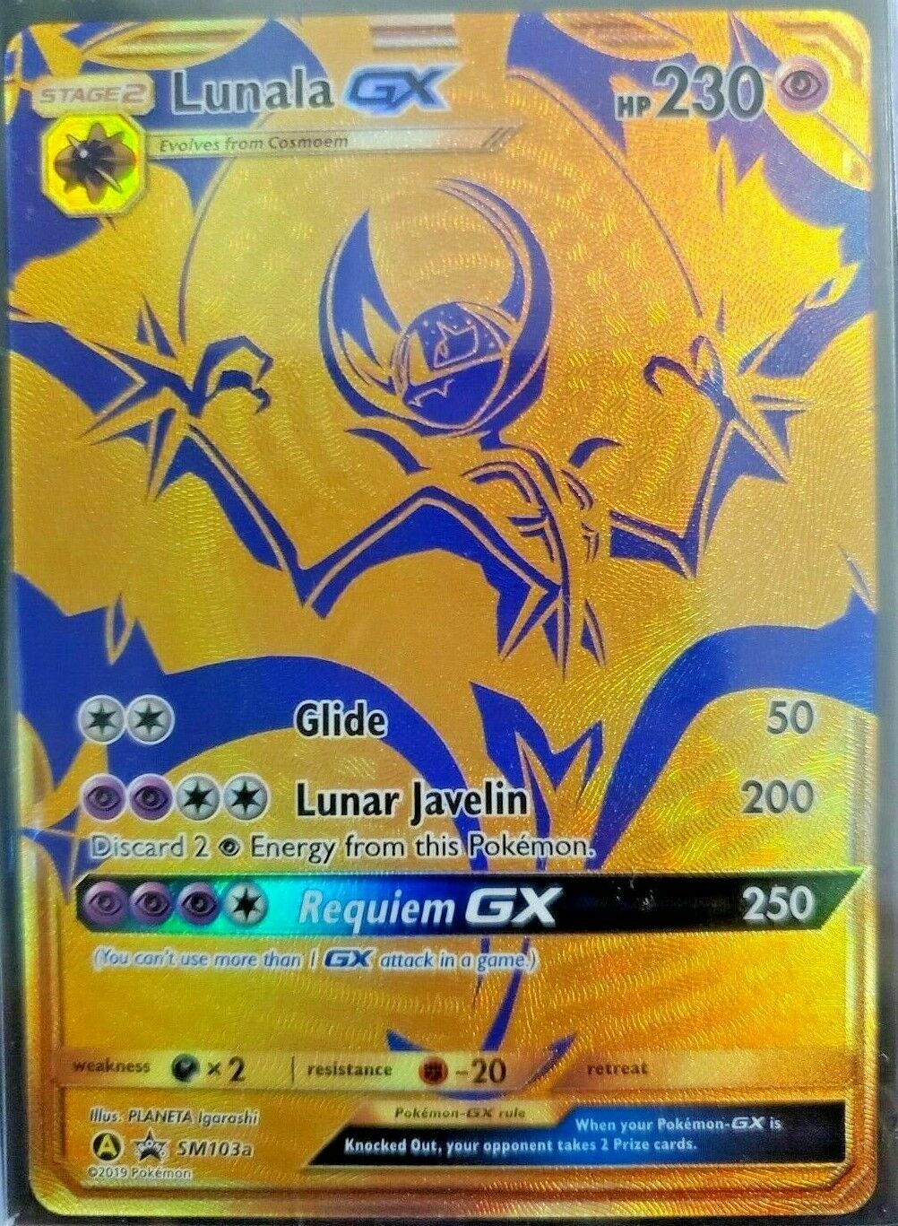 GOLD FULL ART Lunala GX ULTRA RARE Pokemon SM103a Hidden