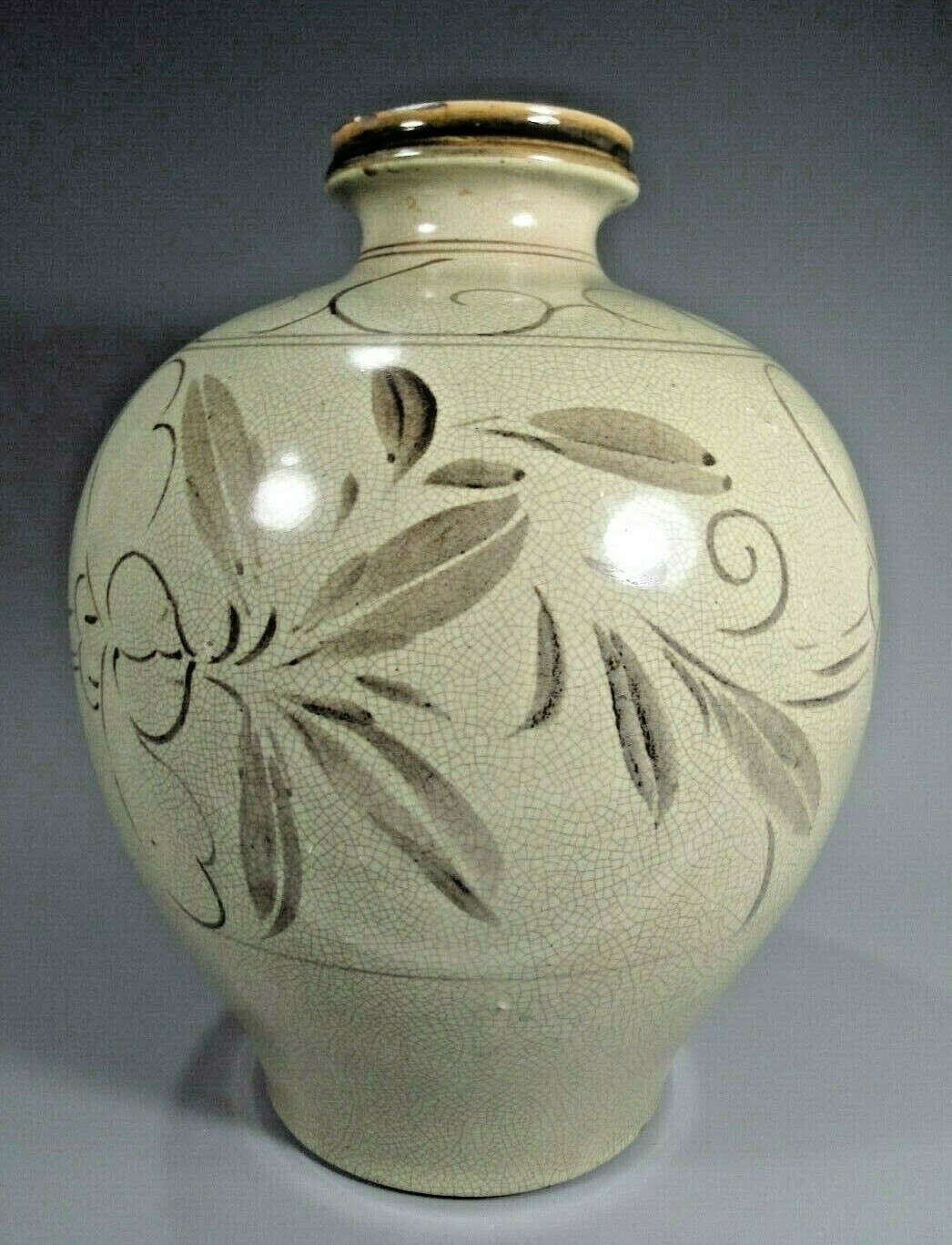 China Chinese Cizhou STYLE Pottery Vase w/ Lotus & Foliates decor ca. 19-20th c.