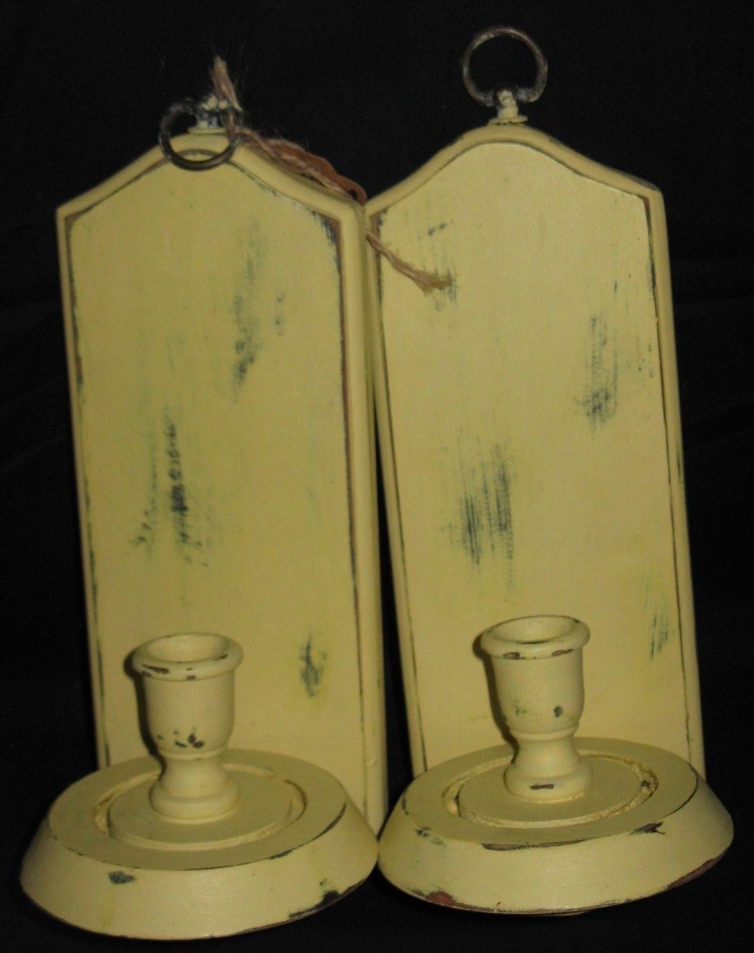 Pair Vintage YELLOW Shabby Chic Farmhouse Distressed Wood Candle Sconces