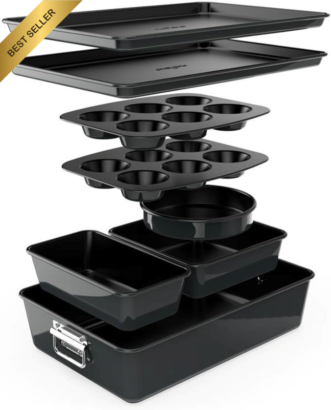 8PC Nonstick Stackable Bakeware Set Cake Muffin Loaf Pans Cookie Sheet Black
