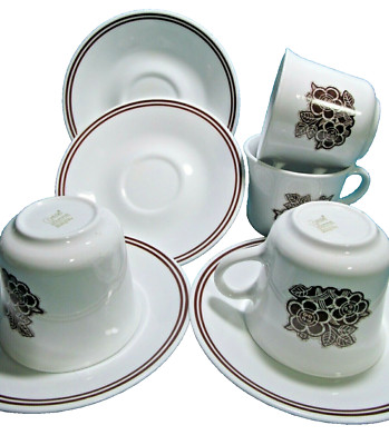 Set of 4 Corelle Batik Coffee Cups & Saucers Vintage Brown Stripes & Flowers