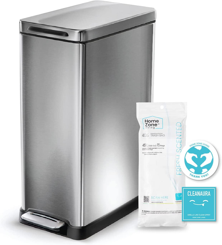 12 Gallon Slim Kitchen Trash Can, Stainless Steel, Step Pedal, 45 Liter