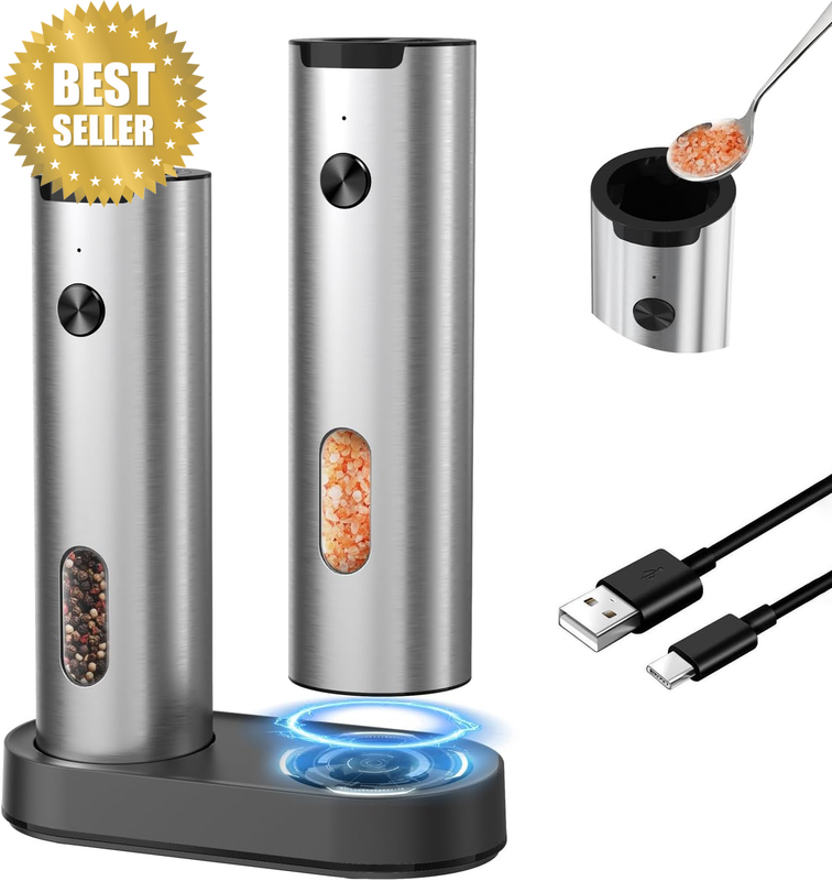 Electric Salt and Pepper Mill Set with Charging Base, USB Rechargeable, Stainles