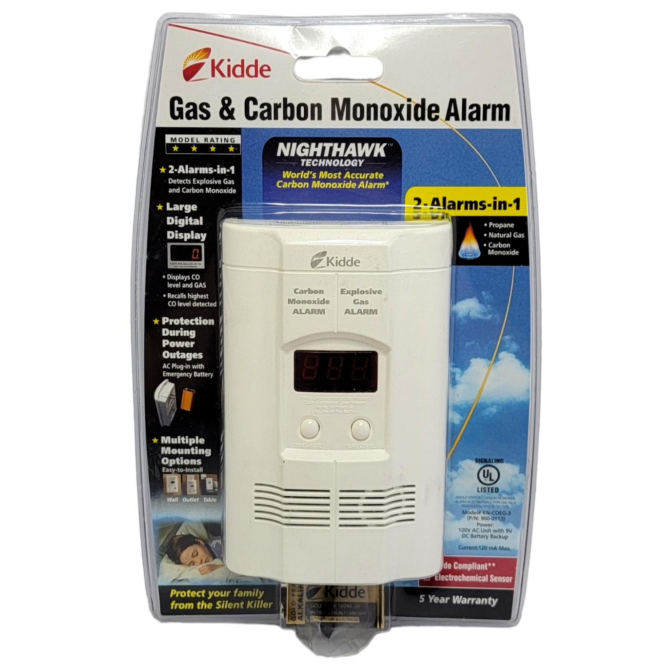 Kidde Carbon Monoxide and Gas Detector Alarm Model #KN-COEG-3 AC Plug-in New