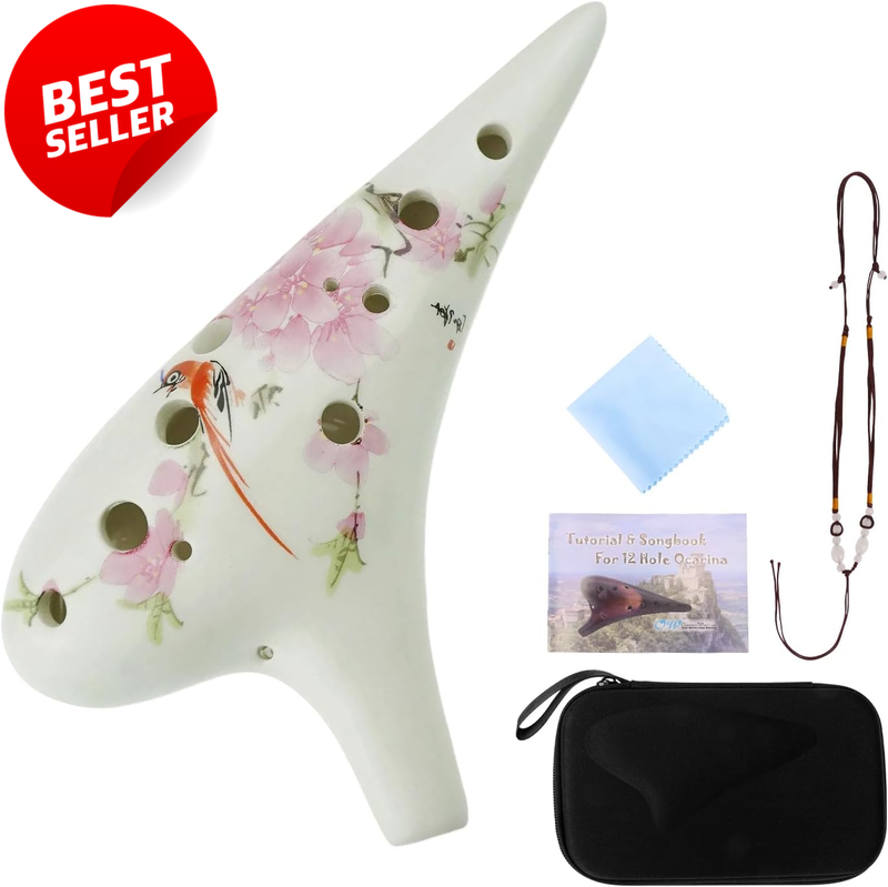 12 Hole Ceramic Tenor C Ocarina Bird Loves Flower Handcrafted Collectible - US