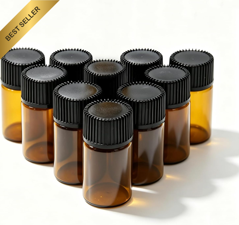 10-Pack Glass Vials Mini Amber Glass Essential Oil Bottle with Black Screw Caps