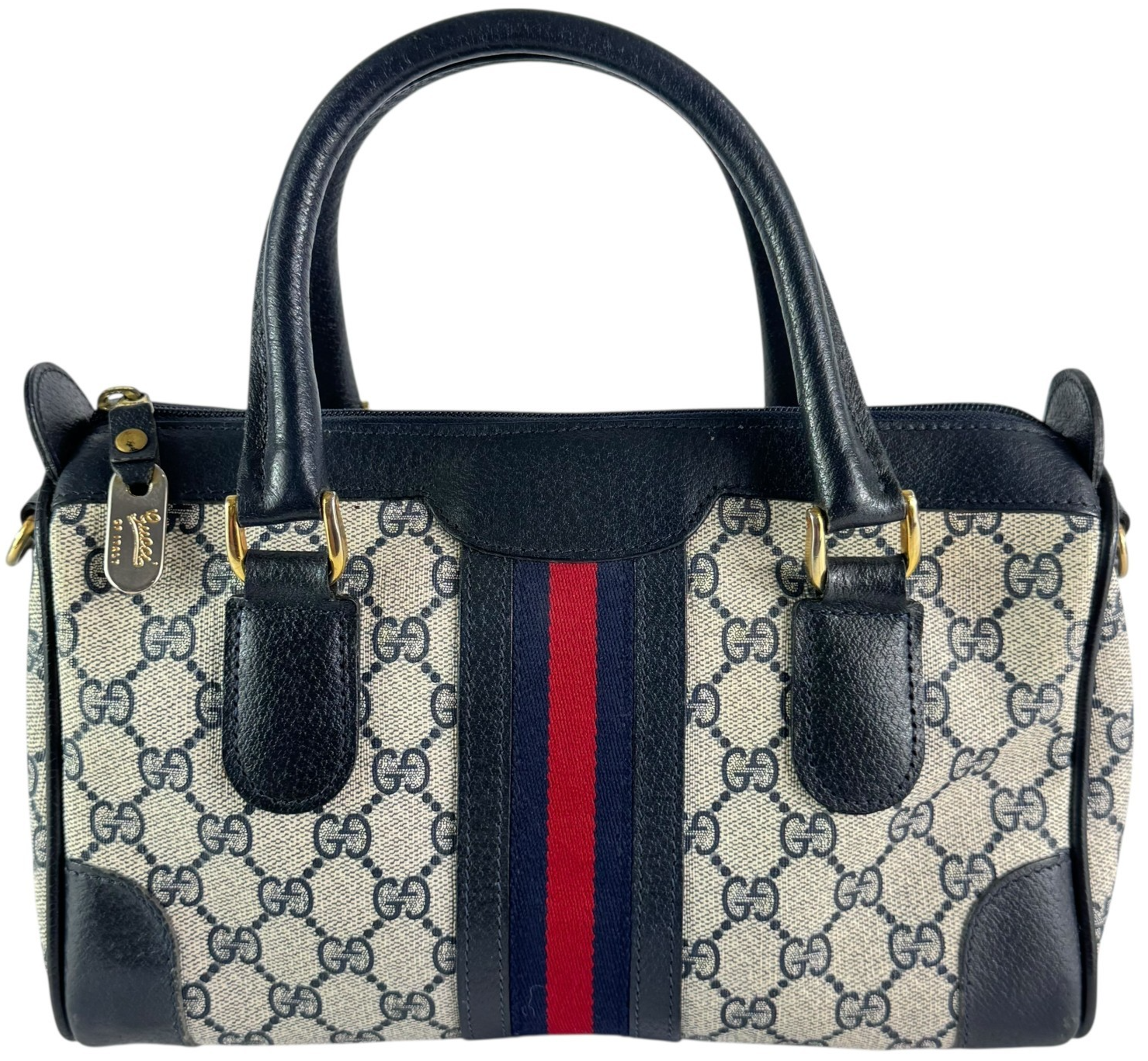 70's GUCCI Ophidia Navy Blue Canvas GG Supreme Satchel Sherry Line