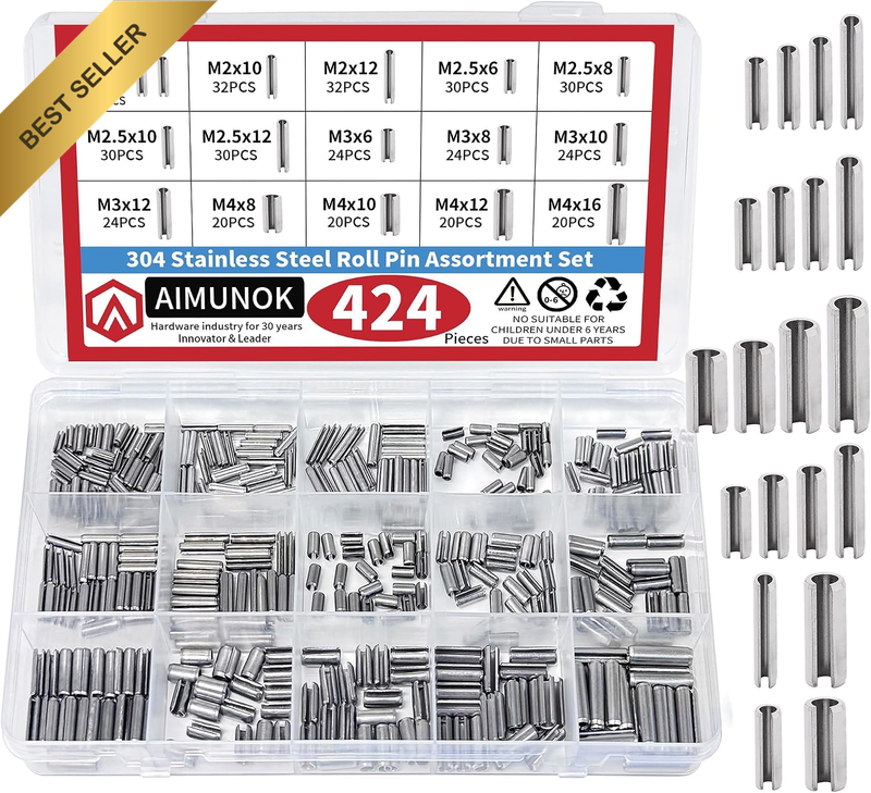 424-Piece Stainless Steel Roll Pin Kit – Spring Dowels, Slotted & Split Pins (M1
