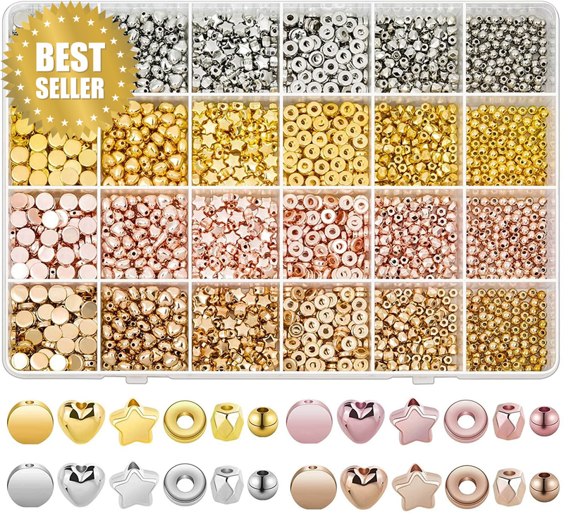 2160 Pcs Gold Spacer Beads Set Assorted Round Star Jewelry Making Kit