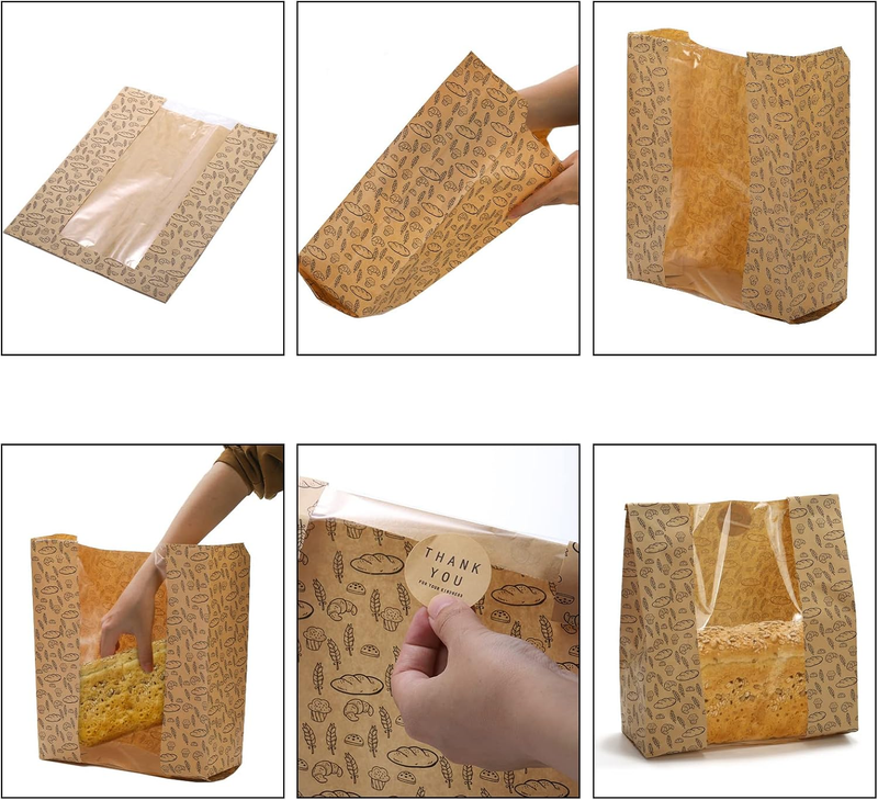 100 Pack Paper Bread Bags with Clear Window, 10.8"x10"x4" Kraft Bakery Bags with