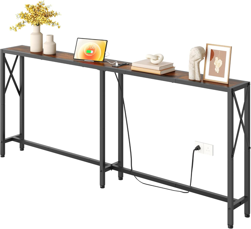 70 in Skinny Sofa Table behind Couch, Console Table with Oulets & USB Ports for